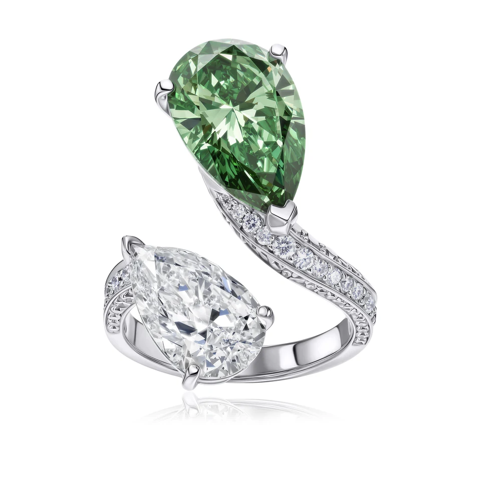 Two-Stone Open Lab Diamond Ring Fancy Green Pear
